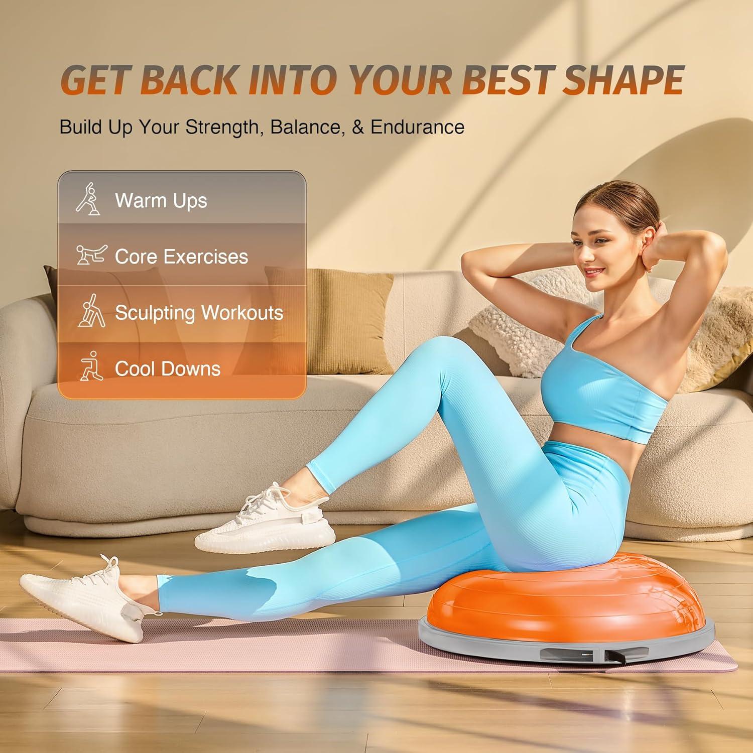 imageZELUS 25in Balance Ball  660lb Inflatable Half Exercise Ball Wobble Board Balance Trainer w Nonslip Base  Half Yoga Ball Strength Training Equipment w 2 Bands Pump Extra Ball IncludedOrange SurfaceGray Base