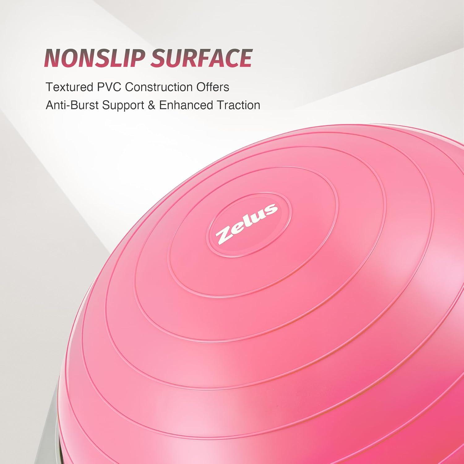 imageZELUS 25in Balance Ball  660lb Inflatable Half Exercise Ball Wobble Board Balance Trainer w Nonslip Base  Half Yoga Ball Strength Training Equipment w 2 Bands Pump Extra Ball IncludedPink SurfaceGray Base