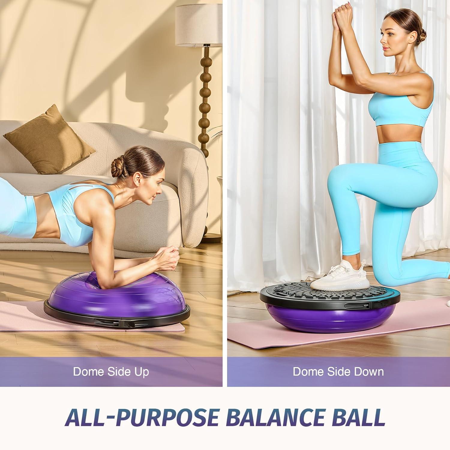 imageZELUS 25in Balance Ball  660lb Inflatable Half Exercise Ball Wobble Board Balance Trainer w Nonslip Base  Half Yoga Ball Strength Training Equipment w 2 Bands Pump Extra Ball IncludedPurple