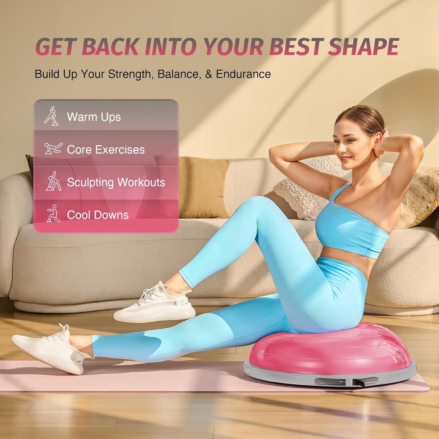 imageZELUS 25in Balance Ball  660lb Inflatable Half Exercise Ball Wobble Board Balance Trainer w Nonslip Base  Half Yoga Ball Strength Training Equipment w 2 Bands Pump Extra Ball IncludedPink SurfaceGray Base