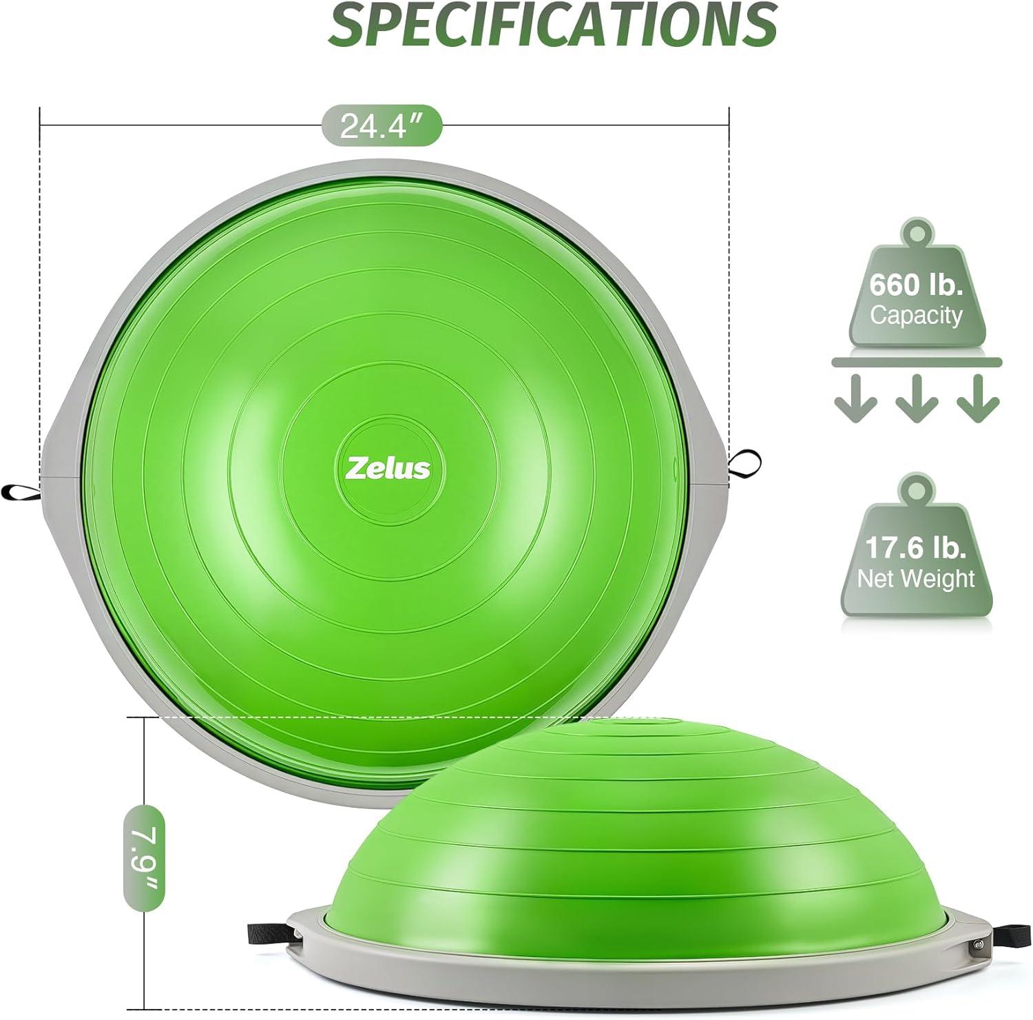 imageZELUS 25in Balance Ball  660lb Inflatable Half Exercise Ball Wobble Board Balance Trainer w Nonslip Base  Half Yoga Ball Strength Training Equipment w 2 Bands Pump Extra Ball IncludedGreen SurfaceGray Base