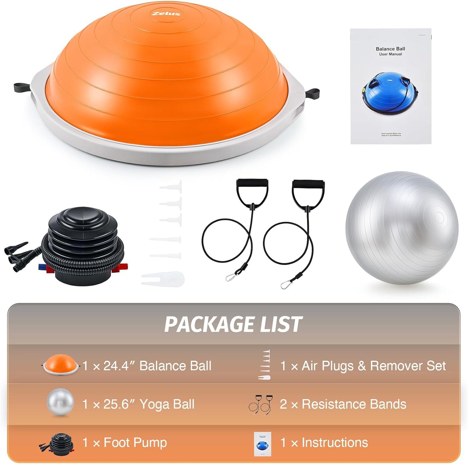 imageZELUS 25in Balance Ball  660lb Inflatable Half Exercise Ball Wobble Board Balance Trainer w Nonslip Base  Half Yoga Ball Strength Training Equipment w 2 Bands Pump Extra Ball IncludedOrange SurfaceGray Base
