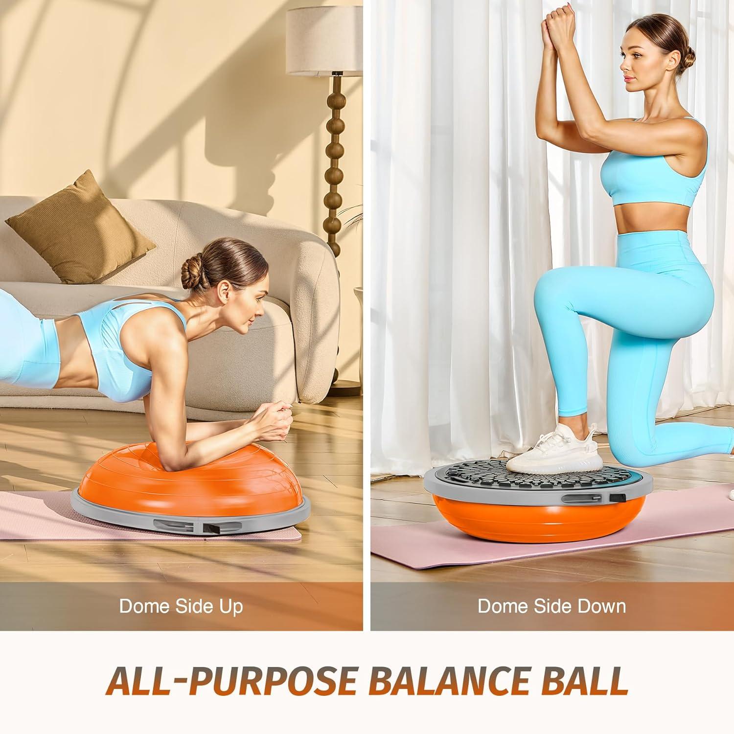 imageZELUS 25in Balance Ball  660lb Inflatable Half Exercise Ball Wobble Board Balance Trainer w Nonslip Base  Half Yoga Ball Strength Training Equipment w 2 Bands Pump Extra Ball IncludedOrange SurfaceGray Base