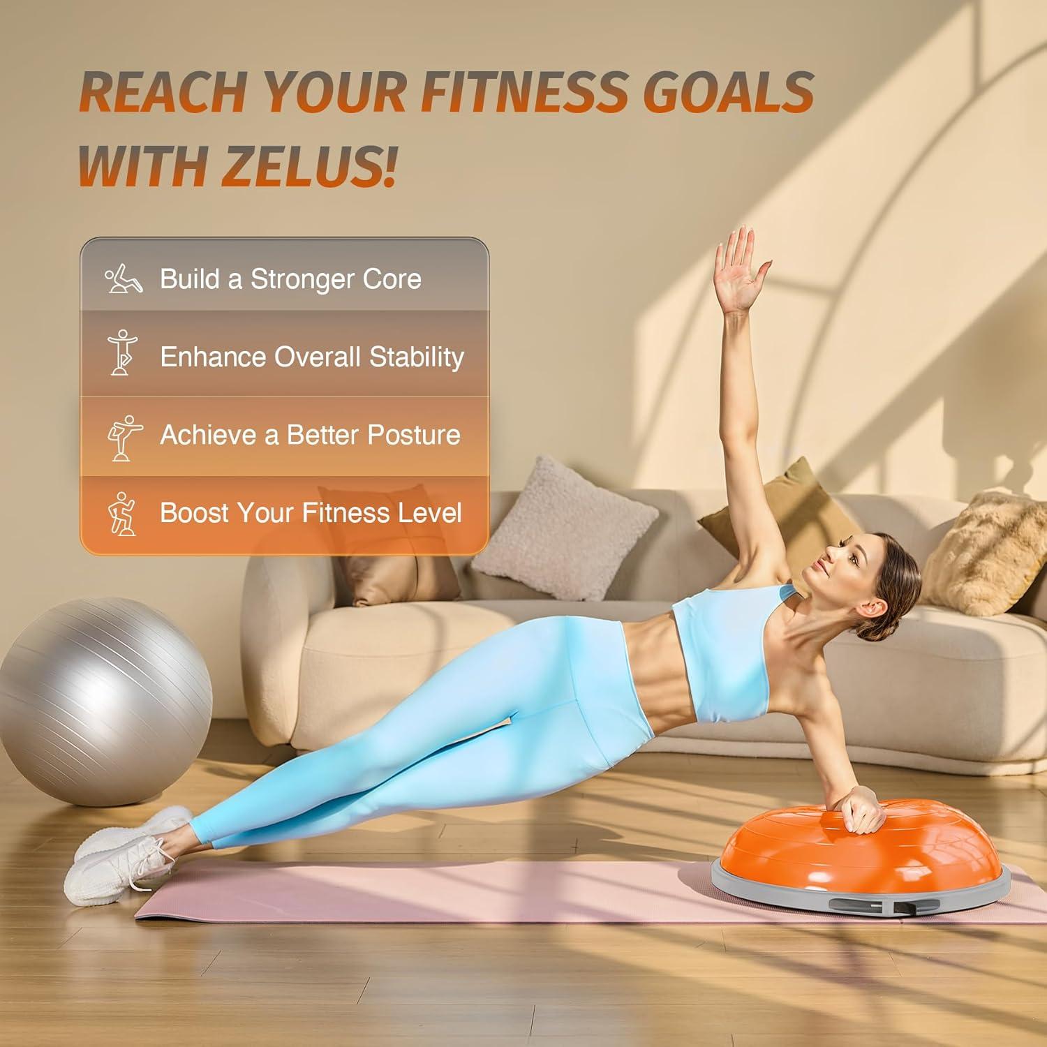 imageZELUS 25in Balance Ball  660lb Inflatable Half Exercise Ball Wobble Board Balance Trainer w Nonslip Base  Half Yoga Ball Strength Training Equipment w 2 Bands Pump Extra Ball IncludedOrange SurfaceGray Base