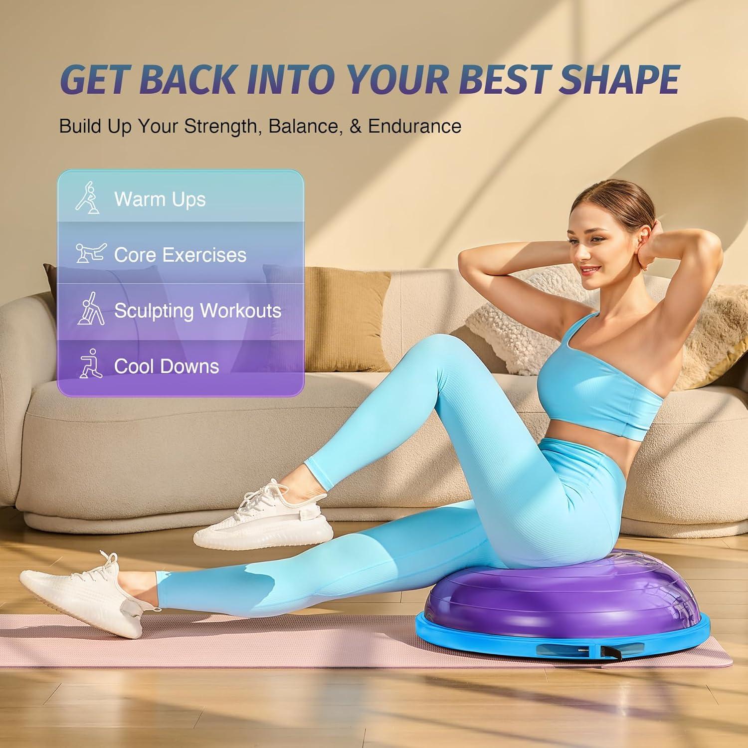 imageZELUS 25in Balance Ball  660lb Inflatable Half Exercise Ball Wobble Board Balance Trainer w Nonslip Base  Half Yoga Ball Strength Training Equipment w 2 Bands Pump Extra Ball IncludedPurple SurfaceBlue Base
