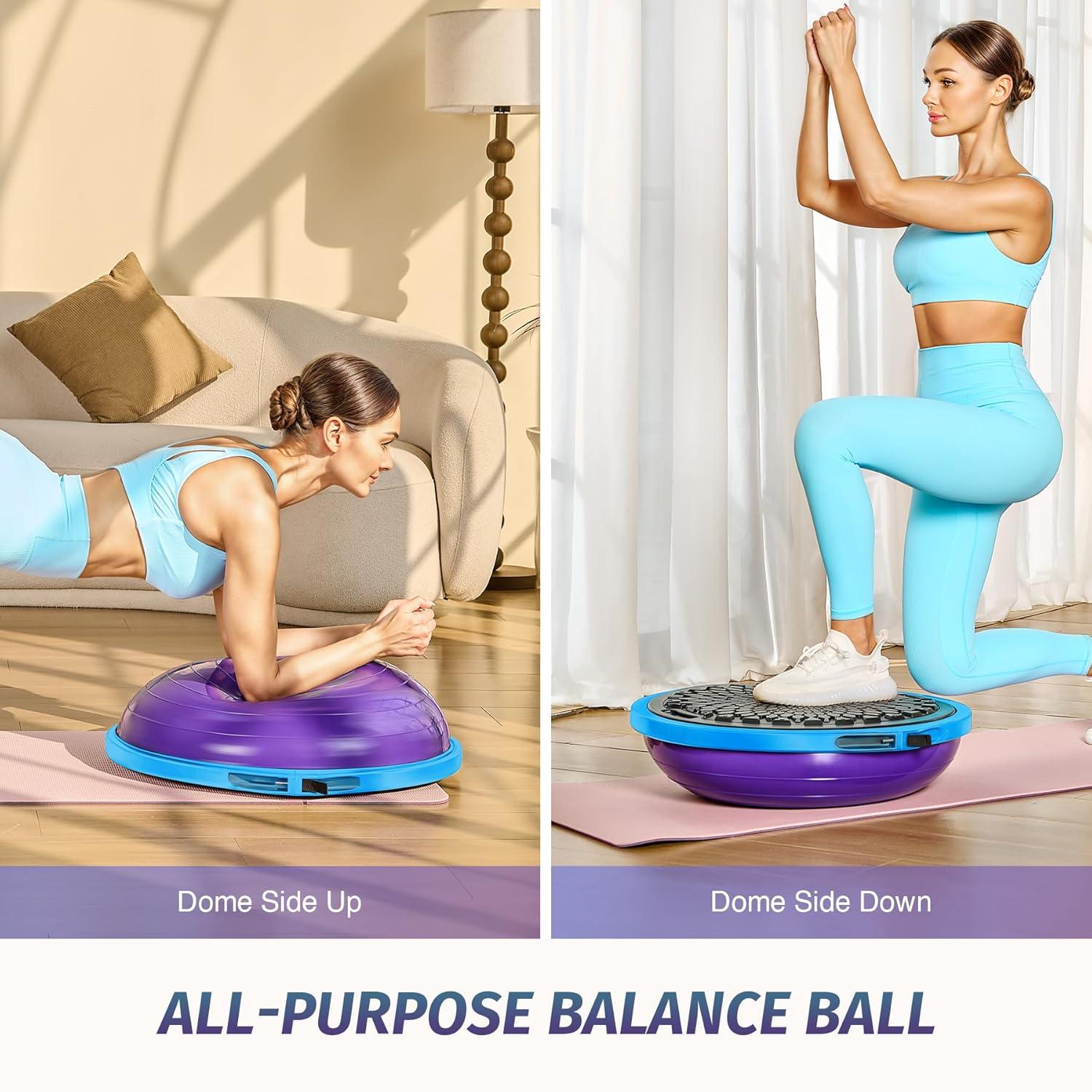 imageZELUS 25in Balance Ball  660lb Inflatable Half Exercise Ball Wobble Board Balance Trainer w Nonslip Base  Half Yoga Ball Strength Training Equipment w 2 Bands Pump Extra Ball IncludedPurple SurfaceBlue Base