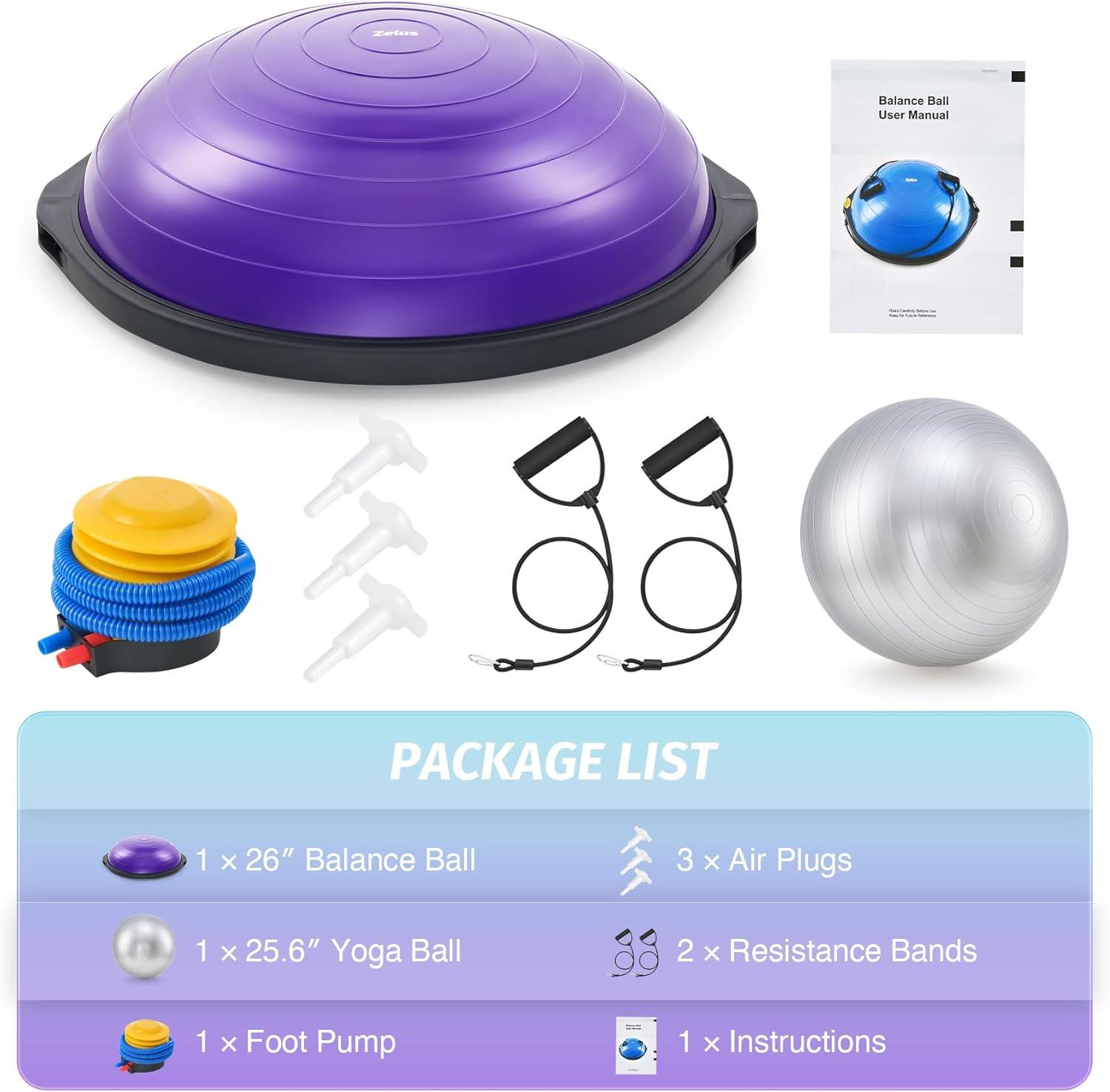 imageZELUS 25in Balance Ball  660lb Inflatable Half Exercise Ball Wobble Board Balance Trainer w Nonslip Base  Half Yoga Ball Strength Training Equipment w 2 Bands Pump Extra Ball IncludedPurple