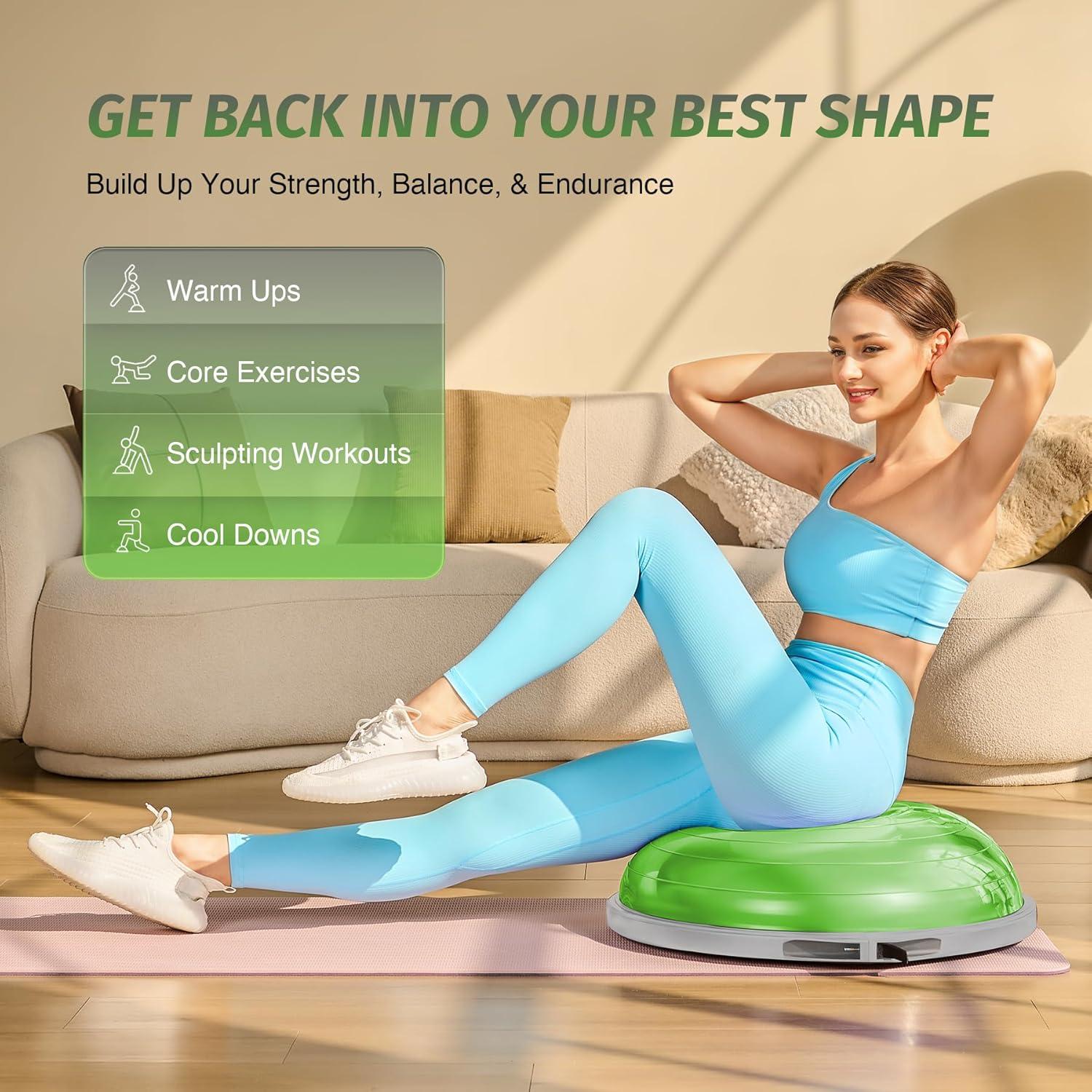 imageZELUS 25in Balance Ball  660lb Inflatable Half Exercise Ball Wobble Board Balance Trainer w Nonslip Base  Half Yoga Ball Strength Training Equipment w 2 Bands Pump Extra Ball IncludedGreen SurfaceGray Base