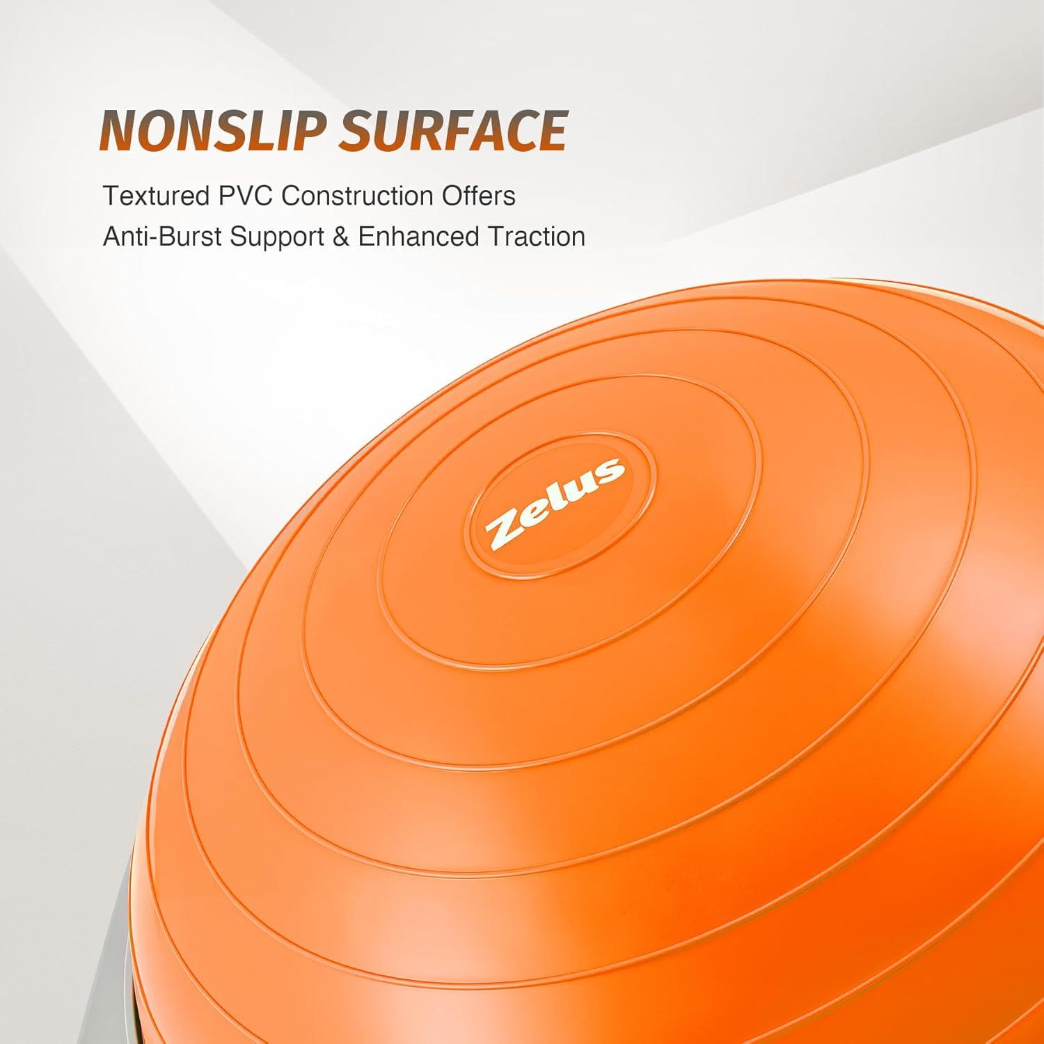 imageZELUS 25in Balance Ball  660lb Inflatable Half Exercise Ball Wobble Board Balance Trainer w Nonslip Base  Half Yoga Ball Strength Training Equipment w 2 Bands Pump Extra Ball IncludedOrange SurfaceGray Base