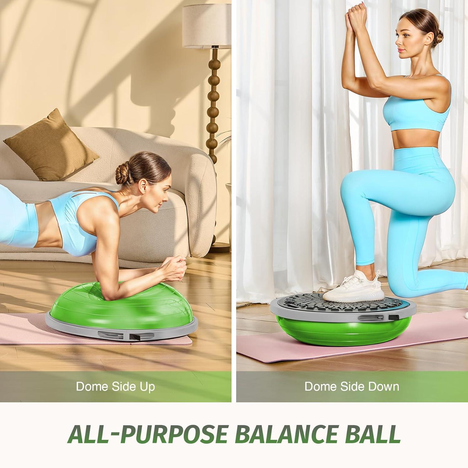imageZELUS 25in Balance Ball  660lb Inflatable Half Exercise Ball Wobble Board Balance Trainer w Nonslip Base  Half Yoga Ball Strength Training Equipment w 2 Bands Pump Extra Ball IncludedGreen SurfaceGray Base