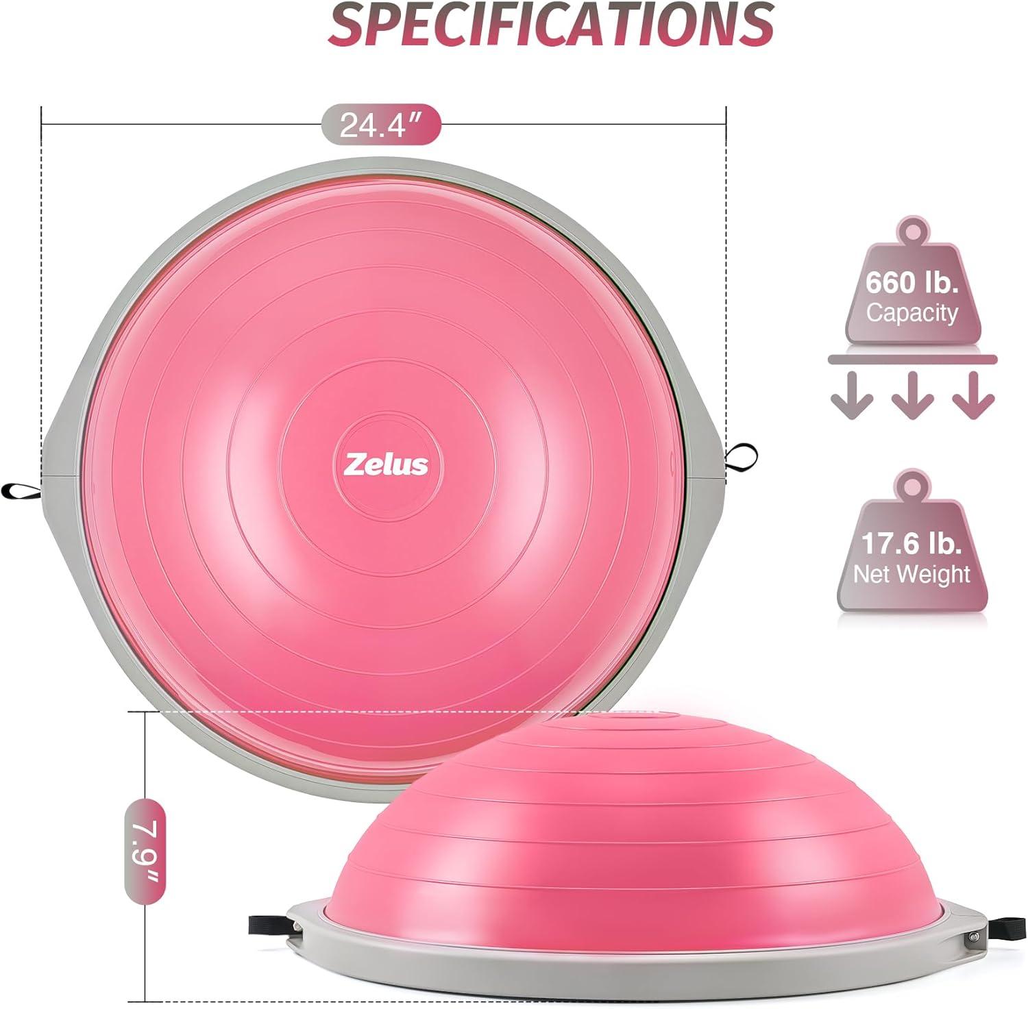 imageZELUS 25in Balance Ball  660lb Inflatable Half Exercise Ball Wobble Board Balance Trainer w Nonslip Base  Half Yoga Ball Strength Training Equipment w 2 Bands Pump Extra Ball IncludedPink SurfaceGray Base