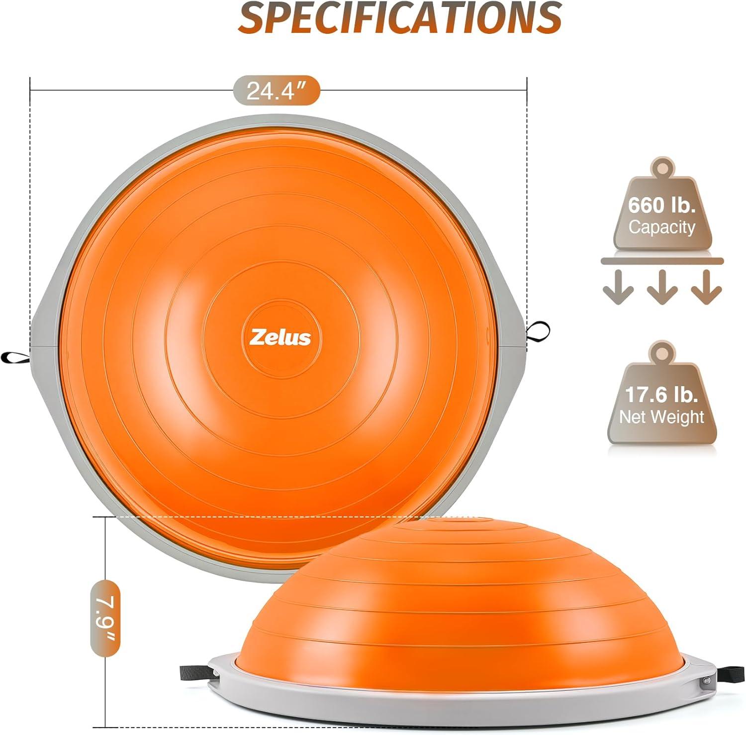 imageZELUS 25in Balance Ball  660lb Inflatable Half Exercise Ball Wobble Board Balance Trainer w Nonslip Base  Half Yoga Ball Strength Training Equipment w 2 Bands Pump Extra Ball IncludedOrange SurfaceGray Base