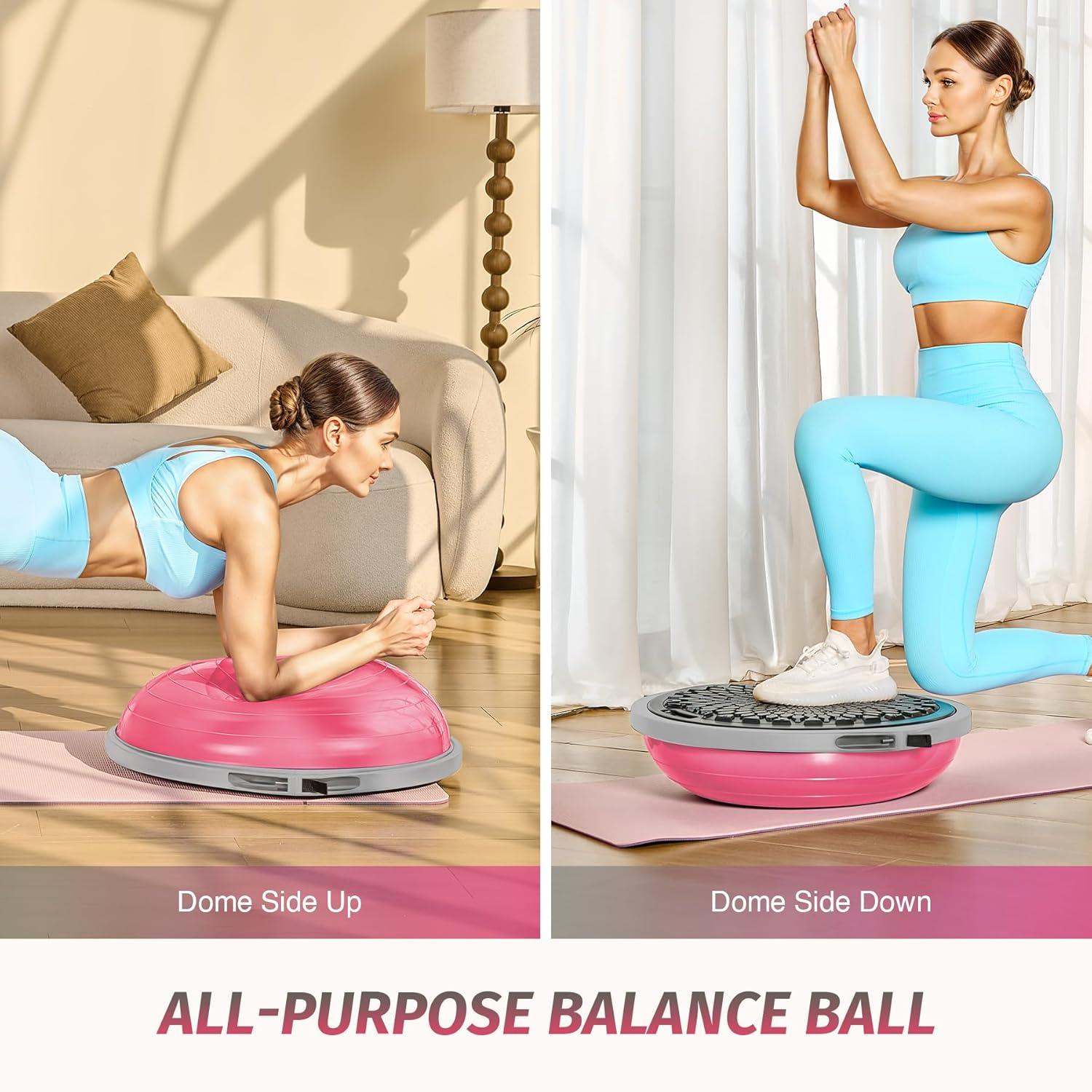 imageZELUS 25in Balance Ball  660lb Inflatable Half Exercise Ball Wobble Board Balance Trainer w Nonslip Base  Half Yoga Ball Strength Training Equipment w 2 Bands Pump Extra Ball IncludedPink SurfaceGray Base
