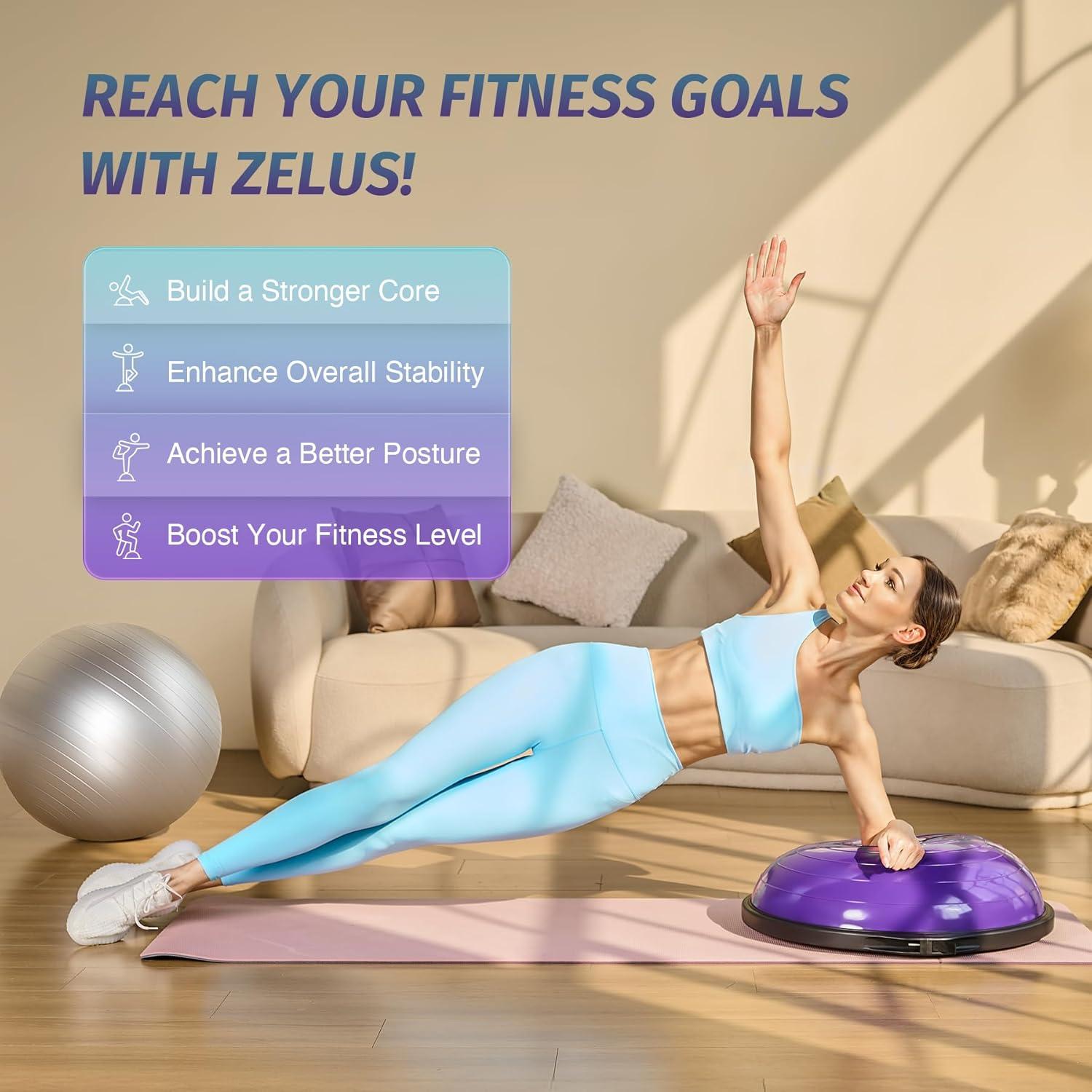 imageZELUS 25in Balance Ball  660lb Inflatable Half Exercise Ball Wobble Board Balance Trainer w Nonslip Base  Half Yoga Ball Strength Training Equipment w 2 Bands Pump Extra Ball IncludedPurple