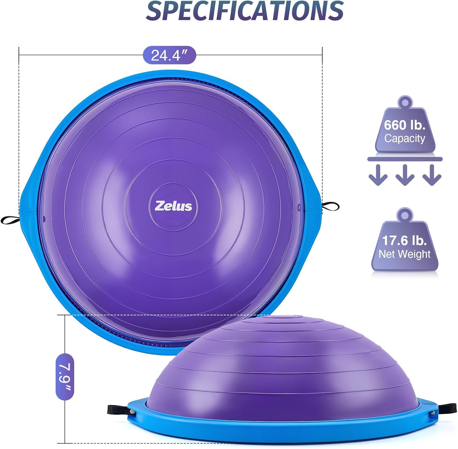 imageZELUS 25in Balance Ball  660lb Inflatable Half Exercise Ball Wobble Board Balance Trainer w Nonslip Base  Half Yoga Ball Strength Training Equipment w 2 Bands Pump Extra Ball IncludedPurple SurfaceBlue Base
