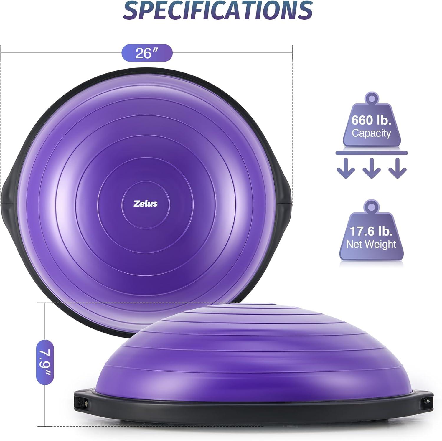 imageZELUS 25in Balance Ball  660lb Inflatable Half Exercise Ball Wobble Board Balance Trainer w Nonslip Base  Half Yoga Ball Strength Training Equipment w 2 Bands Pump Extra Ball IncludedPurple