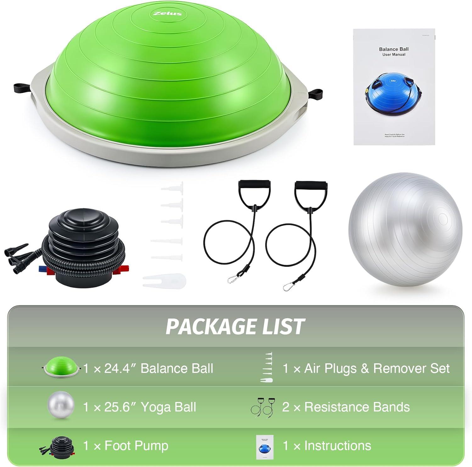imageZELUS 25in Balance Ball  660lb Inflatable Half Exercise Ball Wobble Board Balance Trainer w Nonslip Base  Half Yoga Ball Strength Training Equipment w 2 Bands Pump Extra Ball IncludedGreen SurfaceGray Base
