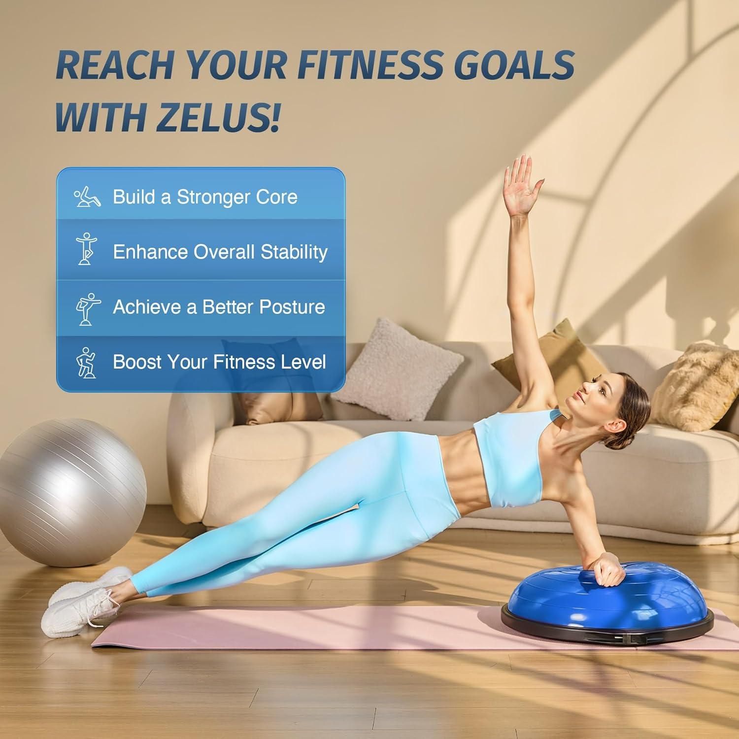 imageZELUS 25in Balance Ball  660lb Inflatable Half Exercise Ball Wobble Board Balance Trainer w Nonslip Base  Half Yoga Ball Strength Training Equipment w 2 Bands Pump Extra Ball IncludedBlue