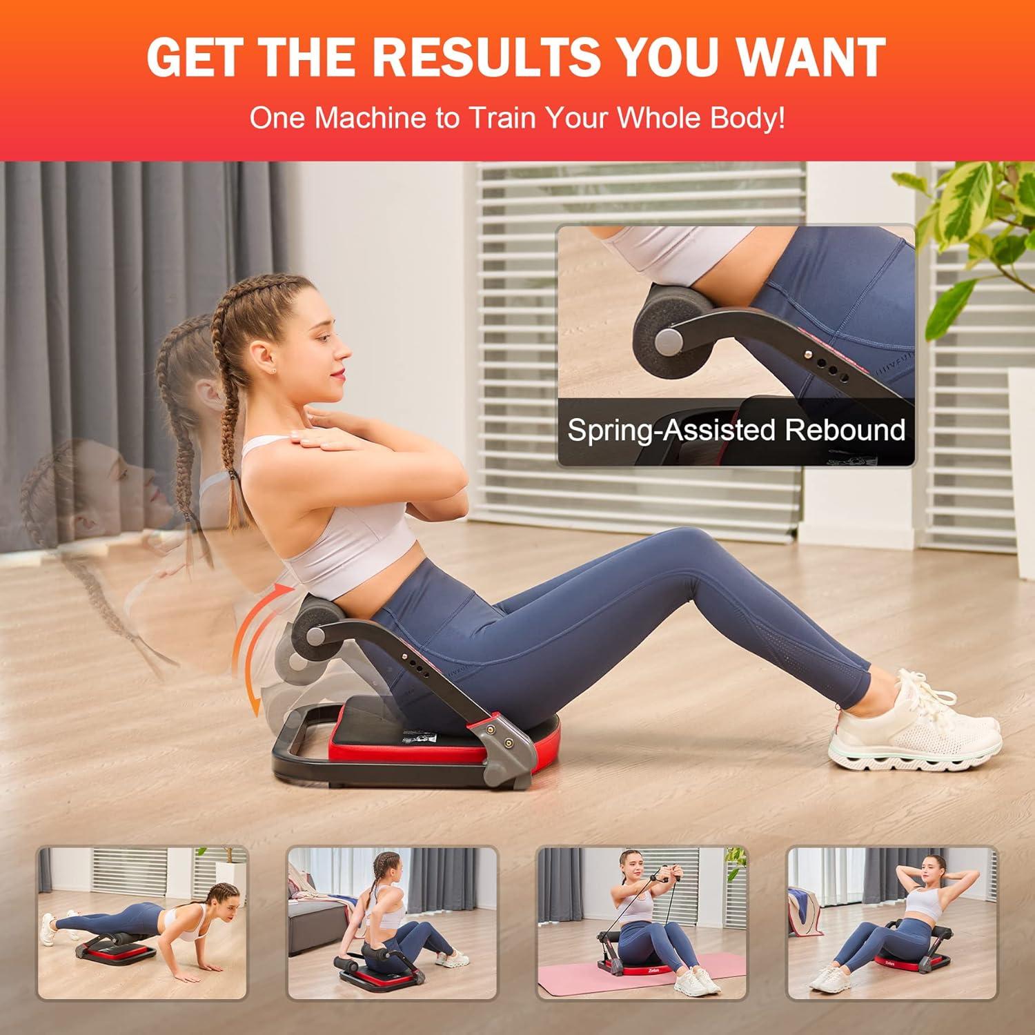 imageZELUS Ab Machine with Resistance Bands for Home Gym 2 in 1 Ab Workout Equipment with Rebound Assist 4 Intensities Core Strength Trainer Whole Body Exercise Fitness Equipment for Home WorkoutsRed