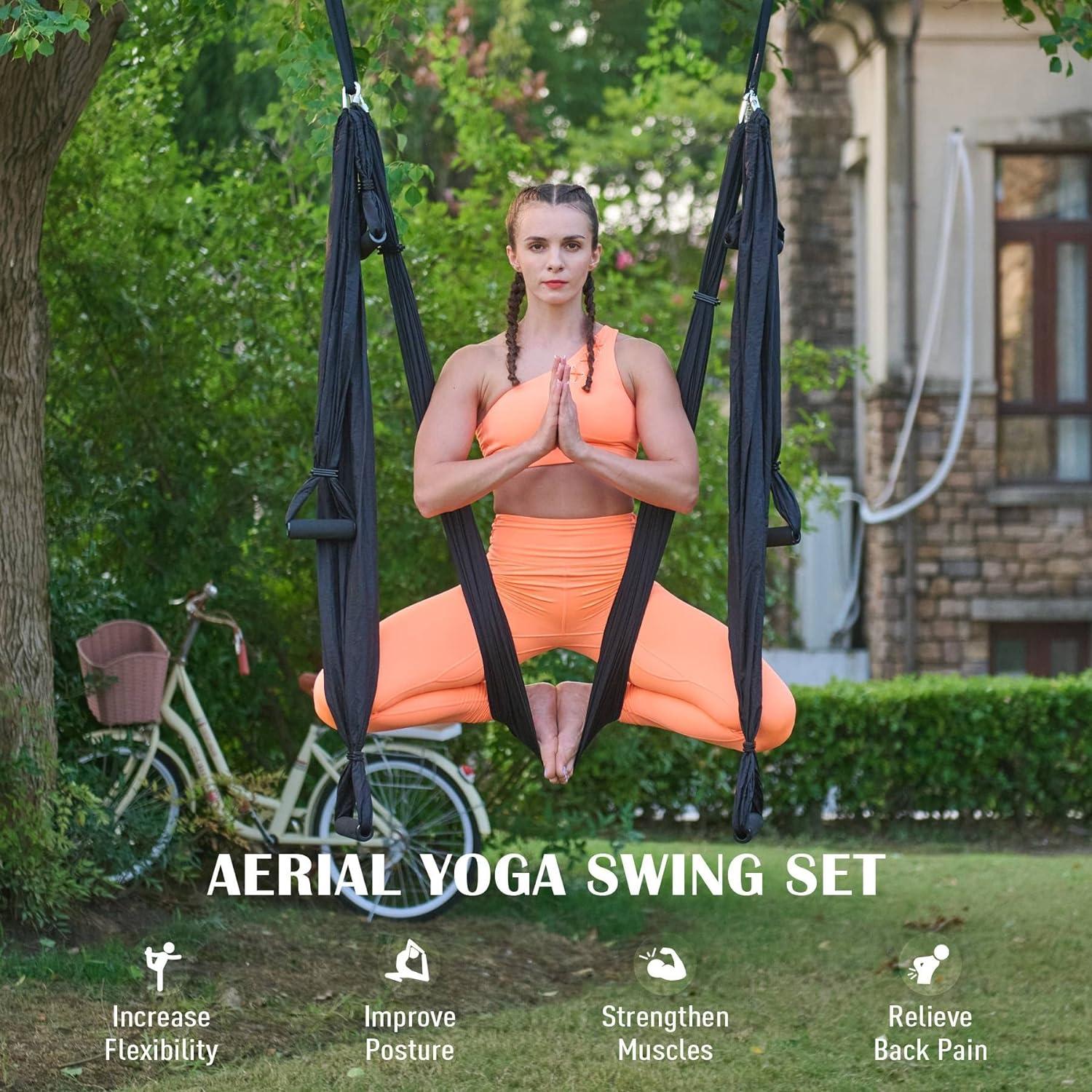 imageZELUS Aerial Yoga Swing Sling Strong Yoga Hammock Kit Set Trapeze Inversion Equipment Include 2 Extensions Straps and Ceiling Mounting KitBlack