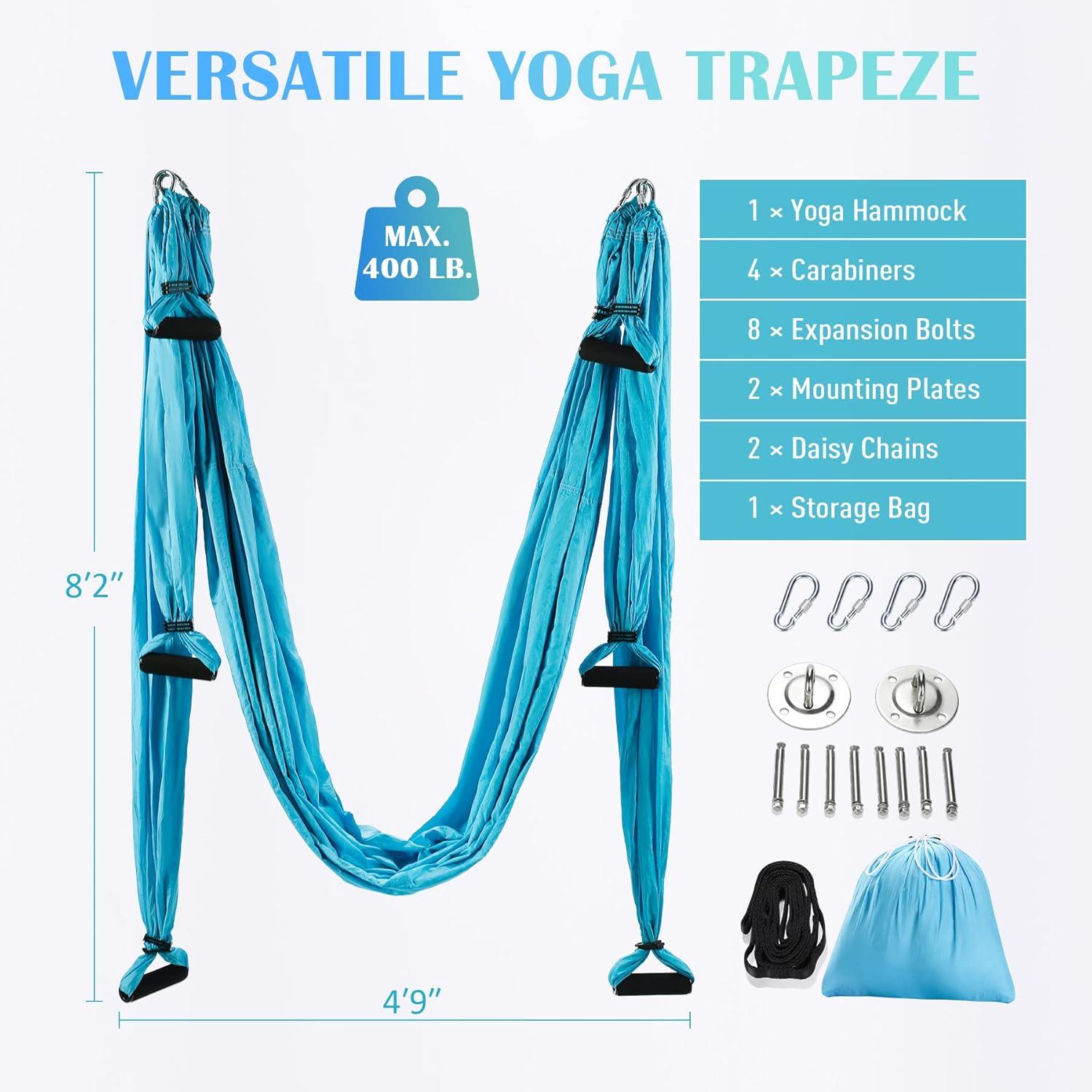 imageZELUS Aerial Yoga Swing Sling Strong Yoga Hammock Kit Set Trapeze Inversion Equipment Include 2 Extensions Straps and Ceiling Mounting KitBlue