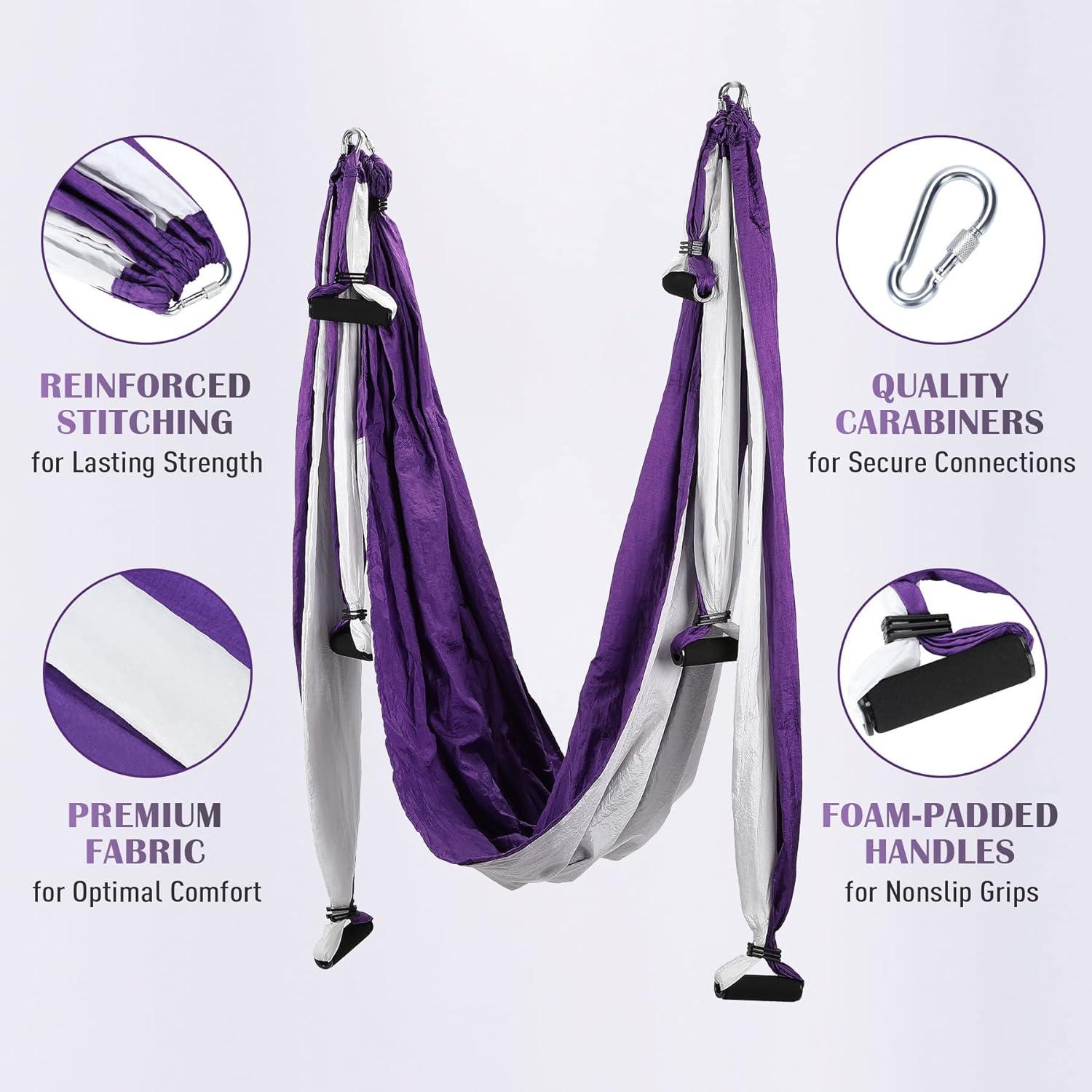 imageZELUS Aerial Yoga Swing Sling Strong Yoga Hammock Kit Set Trapeze Inversion Equipment Include 2 Extensions Straps and Ceiling Mounting KitPurple and White
