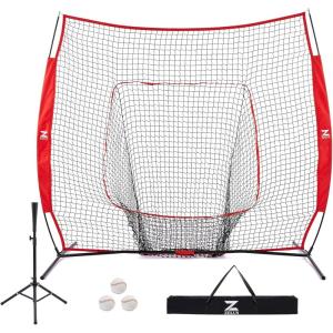 imageZELUS Baseball Net Kit with Baseball Tee and Sock Net 7x7ft Softball Baseball Training Equipment for Hitting and Batting Practice Portable Indoor Outdoor Pitching NetNet and ballRed