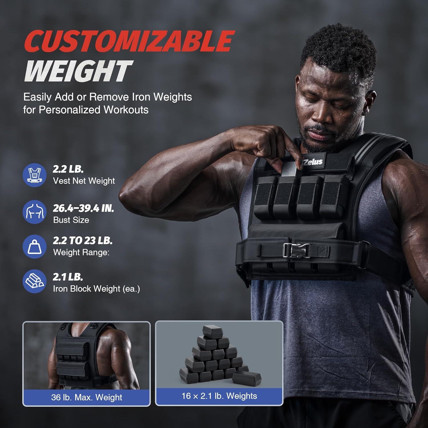imageZELUS Weighted Vest Men 233645 lb Weight Vest with 101620 Adjustable Iron Weights for Muscle Building Strength ampamp Functional Training Weighted Vest for Men with Reflective StripsBlack