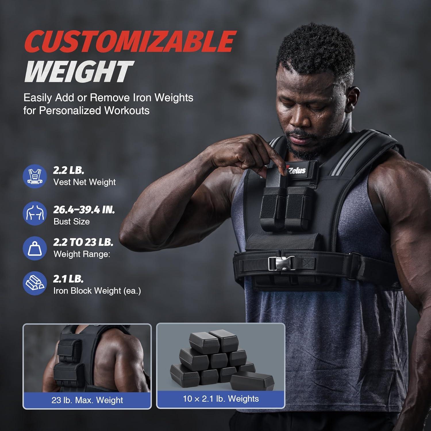 imageZELUS Weighted Vest Men 233645 lb Weight Vest with 101620 Adjustable Iron Weights for Muscle Building Strength ampamp Functional Training Weighted Vest for Men with Reflective StripsMidnight Black